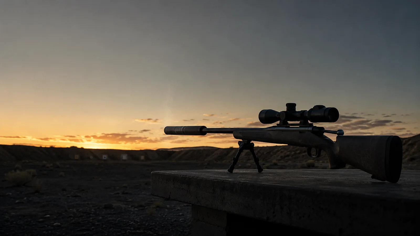 A suppressed bolt-action rifle on a shooting bench at dusk, heat shimmer rising from the can